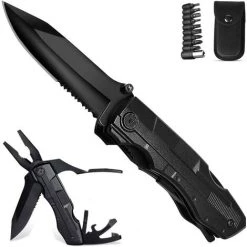 Kartokner 5 En 1 Couteau Multifonction, Couteau Pliant Pince Multifonction De Poche Avec Ouvre-Boîte, Tournevis Pour Activités Extérieures, Camping,Randonnée(Sécurité Intégrée & Pochette De Ceinture)