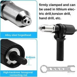 TINOR Adaptateur De Pistolet à Riveter électrique Adaptateur De Perceuse à Riveter Outil D'écrou D'insertion De Riveteuse Avec Tête De Rivet De Diamètre 2.4/3.2/4.0/4.8mm Et Clé à Poignée Noire -Pince et tenaille Soldes 57219692 3