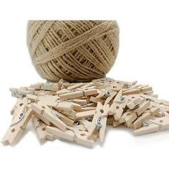 EINEMGELD 60 Mini Pinces En Bois + Ficelle De 100 M, Mini Piquets Pour Décoration, Décoration De Bricolage, Mini Pinces à Linge En Bois, Petits Pinces à Linge Pour Les Loisirs Créatifs, Les Mariages